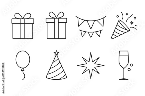 Celebration icons: gifts, decorations, party hats, and drinks