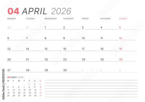 April 2026 monthly planner calendar template, week starts on Monday. Minimalist vector illustration for web, print. Modern, simple schedule organizer, printable page for business and personal use