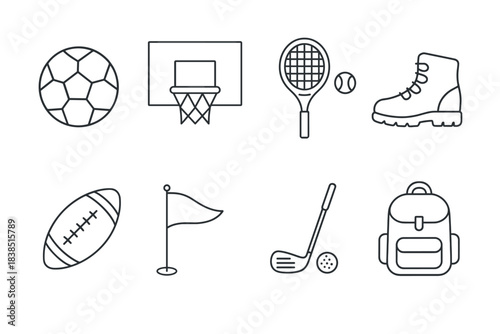 Outline icons of sports equipment and backpack: soccer, basketball, tennis, hiking, rugby, golf