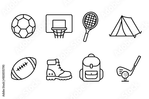 Icons of sports equipment and outdoor gear with soccer, basketball, tennis, and camping