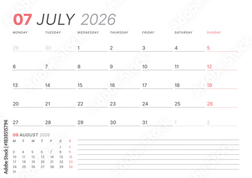 July 2026 monthly planner calendar template, week starts on Monday. Minimalist vector illustration for web, print. Modern, simple schedule organizer, printable page for business and personal use