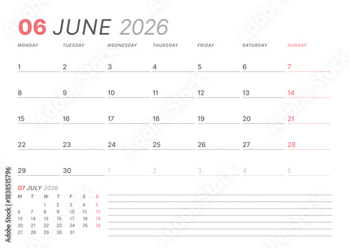 June 2026 monthly planner calendar template, week starts on Monday. Minimalist vector illustration for web, print. Modern, simple schedule organizer, printable page for business and personal use