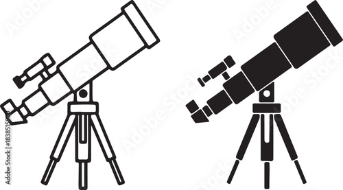 Two Telescope Icons One Outline One Solid Black astronomy science on transparent background