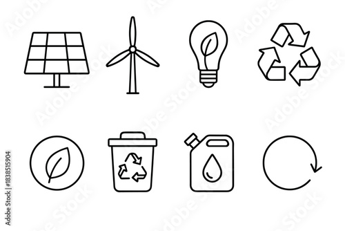 Minimalist eco symbols: solar, wind, recycling, leaf, lightbulb, waste, fuel, circularity