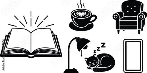 Flat design set of cozy reading nook icons including open book steaming coffee armchair floor lamp sleeping cat and smartphone outline minimal vector art clean icons