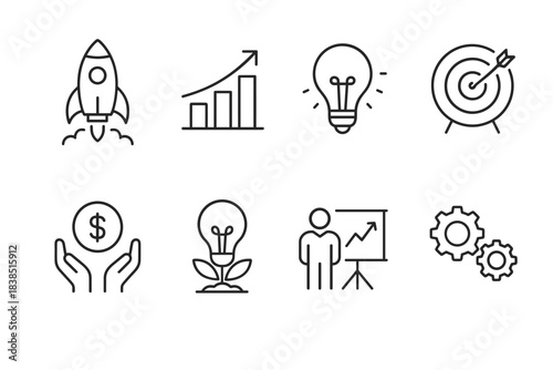 Business growth icons: innovation, strategy, success, finance, and analysis