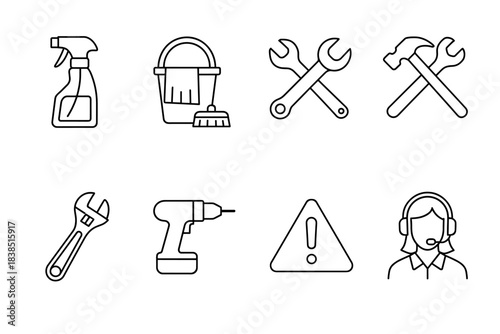 Cleaning and maintenance tools line icons set with caution and customer support