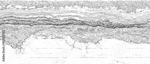 Black and white abstract pattern of layered geological strata and textured rock formations background 