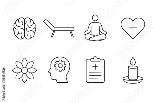 Set of mental health and wellness icons featuring brain, therapy, meditation, heart, and candle