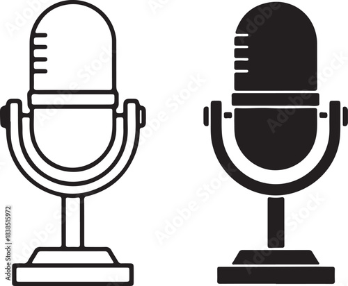 Vintage Microphone Outline and Silhouette Icons Keywords: microphone, vintage, retro, broadcast, recording, audio, sound, music, speech, podcast, radio, singer, performer, on transparent background