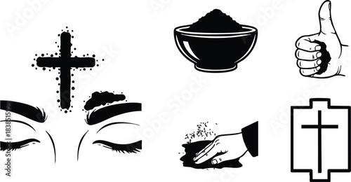 Line art icon set showing ash cross for ash wednesday on forehead with closed eyes and hand applying ashes bowl bible and thumb approval vector icons