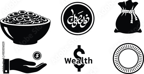 Flat design financial charity icons set showing bowl of coins money bag hand giving wealth symbol coin badge circular seal center arabic emblem silhouettes vector art