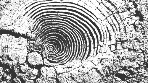 A close up black and white abstract pattern of wood grain texture with concentric rings