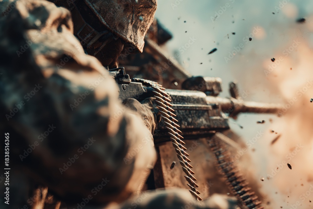 Obraz premium Soldier Operating Heavy Machine Gun in Battlefield with Camouflage