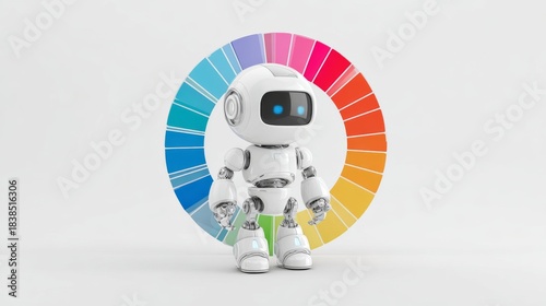 3D AI Robot with Color Wheel. Simple color selection concept for design apps and banners. Isolated on white. 3D render.