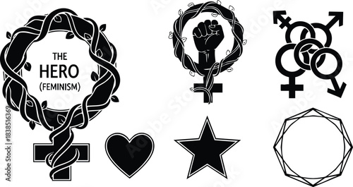 Grunge stamp feminist emblem set with female raised fist badge heart star gender rings and decorative frame black silhouette vector icons front view isolated high contrast
