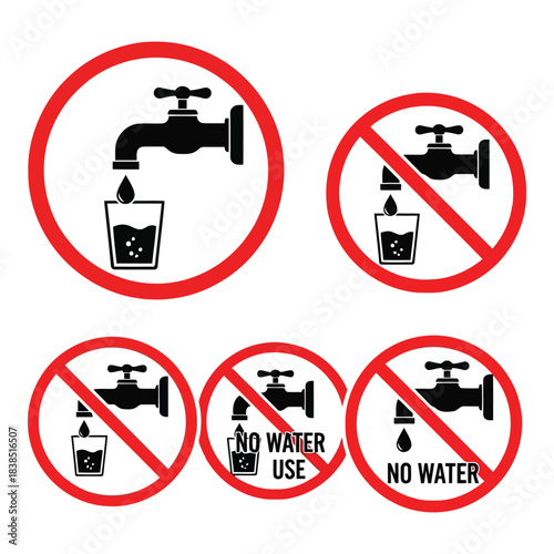 Water faucet icons with prohibition and no water messages