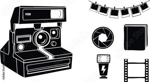 Flat design close up black silhouette instant camera and photo icons set showing polaroid camera aperture film strip photo album flash battery hanging prints bold simple