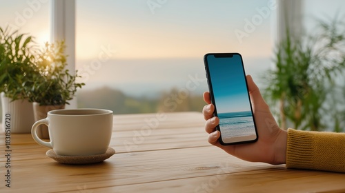 Minimalist desk with ceramic cup in hand under soft sunlight reflections.