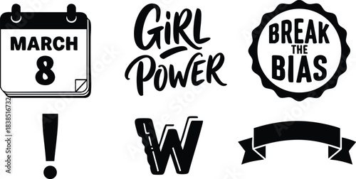 Flat design icon set close up of international womens day symbols march 8 calendar girl power break the bias badge ribbon exclamation mark bold monochrome vector