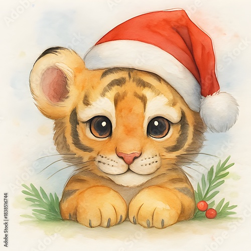 Tiger mit Weihnachtsmütze Design - Winter TIer Illustration - Tiger Weihnachts Wallpaper
