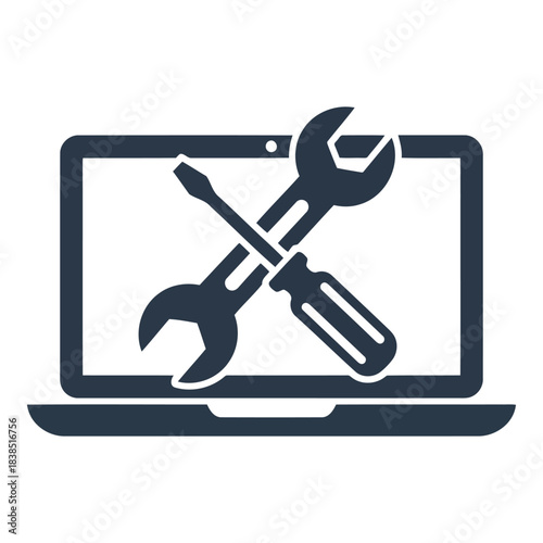 Laptop computer with tools for repair and maintenance icon