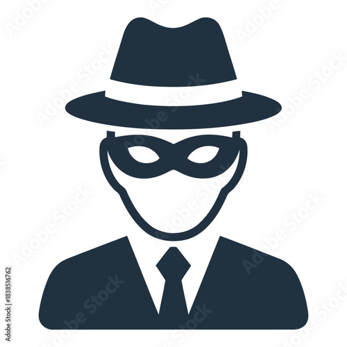 Anonymous spy wearing hat and tie, masked face, security concept.