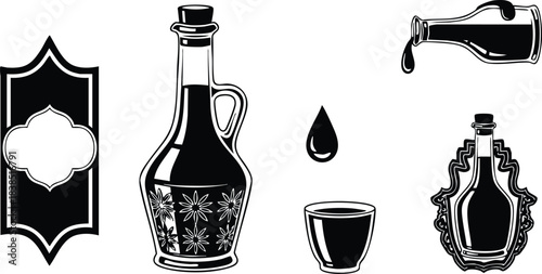 Line art decorative olive oil bottle icons set showing ornate label pouring drop cup and vintage decanter silhouette isolated on white background flat vector minimal monochrome