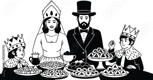 Line art close up royal family banquet father king mother queen two children princes smiling wearing crowns seated at table with pastries tea plates warm lighting