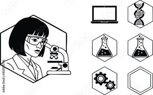 Line art female scientist portrait with microscope and hexagon science icons laptop dna flasks gears looking at camera wearing glasses bob haircut lab coat monochrome minimal
