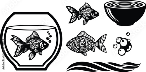 Line art close up goldfish in fish bowl with jumping fish decorative waves and bubble accents isolated black and white vector illustration with ornate scales view
