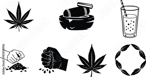 Line art cannabis icon set showing grinder and rolled joint with hand crushing herb glass with straw laurel wreath arrangement isolated flat simple bold black silhouettes