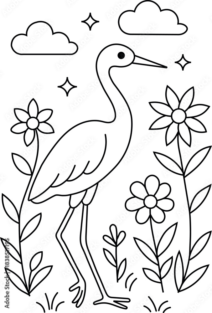 Fototapeta premium A Simple, Charming Line Art Drawing of a Bird in a Field of Daisies and Flowers