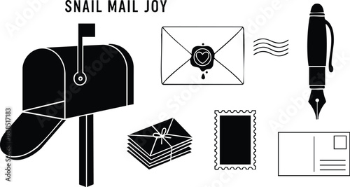 Flat design close up postal icon set showing open mailbox with raised flag envelope with wax seal fountain pen nib and stacked postcards high contrast minimal