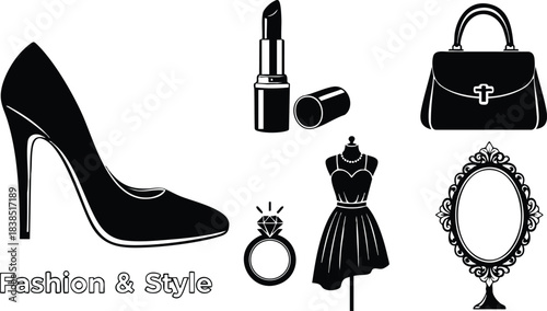 Flat design side view fashion icon set featuring high heel lipstick tube leather handbag engagement ring dress mannequin ornate mirror and retro text in black silhouette