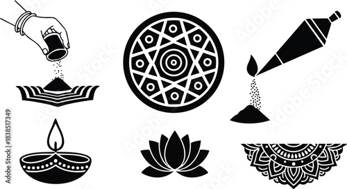Silhouette flat design top view icons showing hand pouring powder incense burner lit diya lotus mandala decorative rangoli border minimal modern set isolated black vector illustration