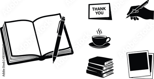 Flat design simple black icon set open book with pen writing hand thank you card coffee cup stack of books and photo prints desk study symbols