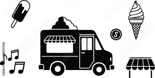 Flat design black silhouette close up food truck with awning ice cream cone popsicle musical notes coin and market storefront icons isolated minimal vector graphic composition
