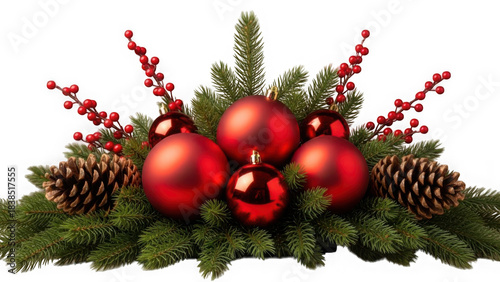 Festive christmas arrangement with red ornaments pine cones and evergreen branches PNG.