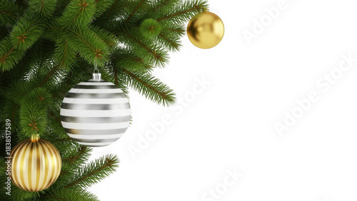 Close up of a christmas tree branch with festive gold and silver ornaments PNG.