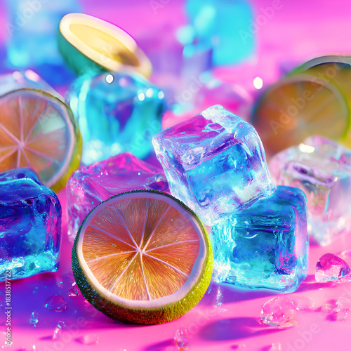 Bright Lemon and Lime Slices | Surrounded by Neon Blue and Pink Ice Cubes | Colorful Abstract Refreshment and Summer Theme