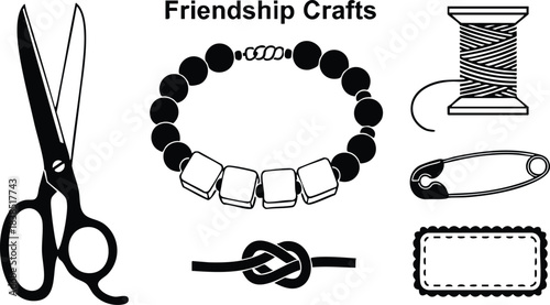 Line art craft icons scissors bracelet thread safety pin knot patch close up flat vector art black and white isolated tools friendship bracelets sewing editable layout