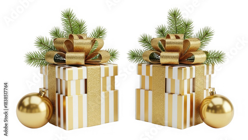 Two stacks of golden christmas presents gift adorned with festive pine sprigs and shiny baubles PNG