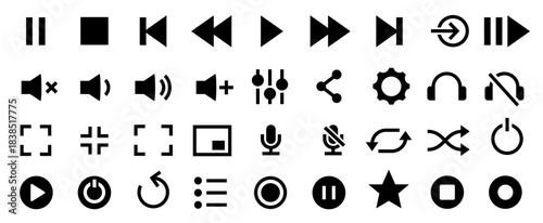 Media player icons set. Collection of multimedia symbols and audio, music speaker volume, interface, design media player buttons. Play, pause, stop, record, forward, rewind. Vector illustration