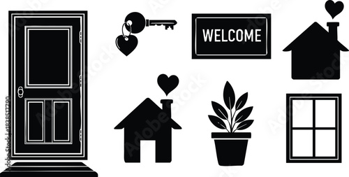 Flat design minimalist home icon set close up black silhouette icons of front door house with keys welcome sign potted plant and window on white background