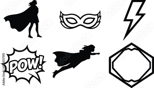 Flat design icon set with superhero woman standing in cape and flying pose mask lightning pow burst hex emblem badge comic silhouettes black bold minimal vector