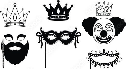 Line art close up carnival crown mask icons bearded face clown face masquerade eye mask on stick decorative necklace string of beads isolated black silhouette set
