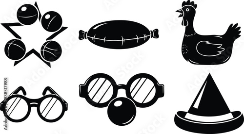 Grunge stamp vector icon set close up six black textured party and food symbols including bells sausage chicken three glasses novelty nose and witch hat silhouette
