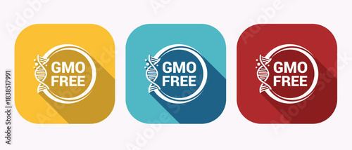 Gmo free dna symbol product label icon set with long shadow effect