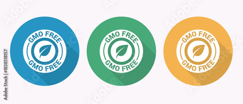 Gmo free verified product label set with leaf icons flat design